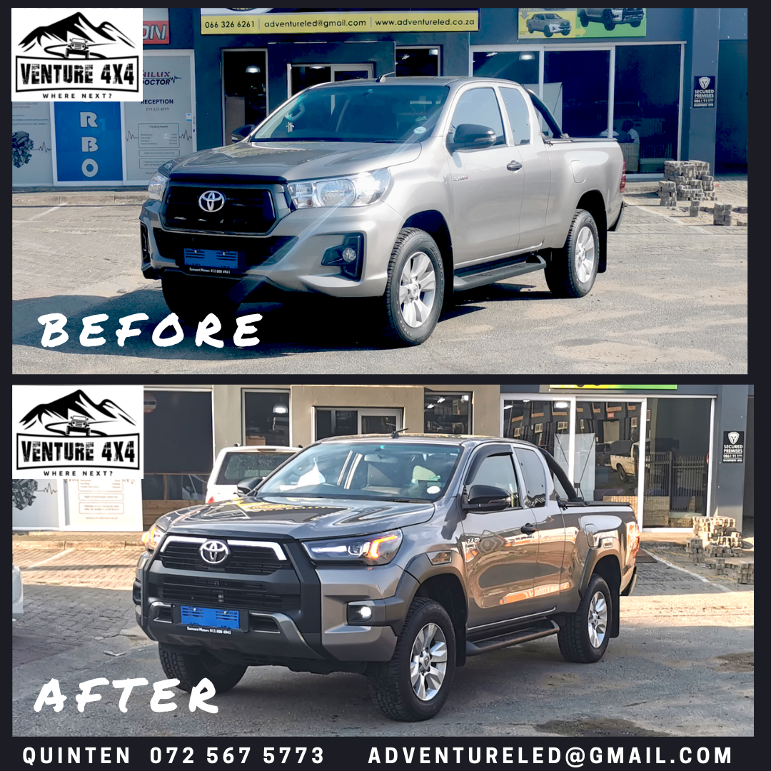 Silver Toyota Hilux extra cab before and after fitment of the 2021 Legend facelift kit with LED headlights
