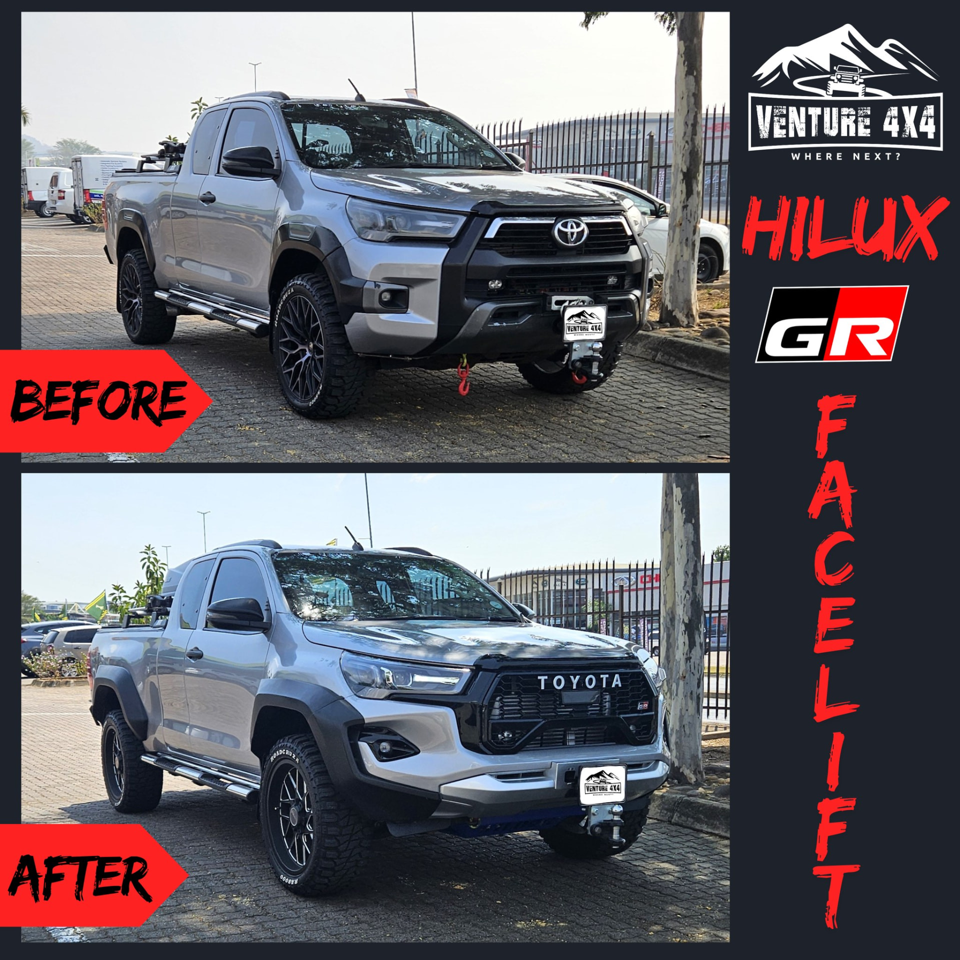 Grey Toyota Hilux extra cab before and after Hilux GR facelift conversion with TOYOTA-lettered grille and GR bumper
