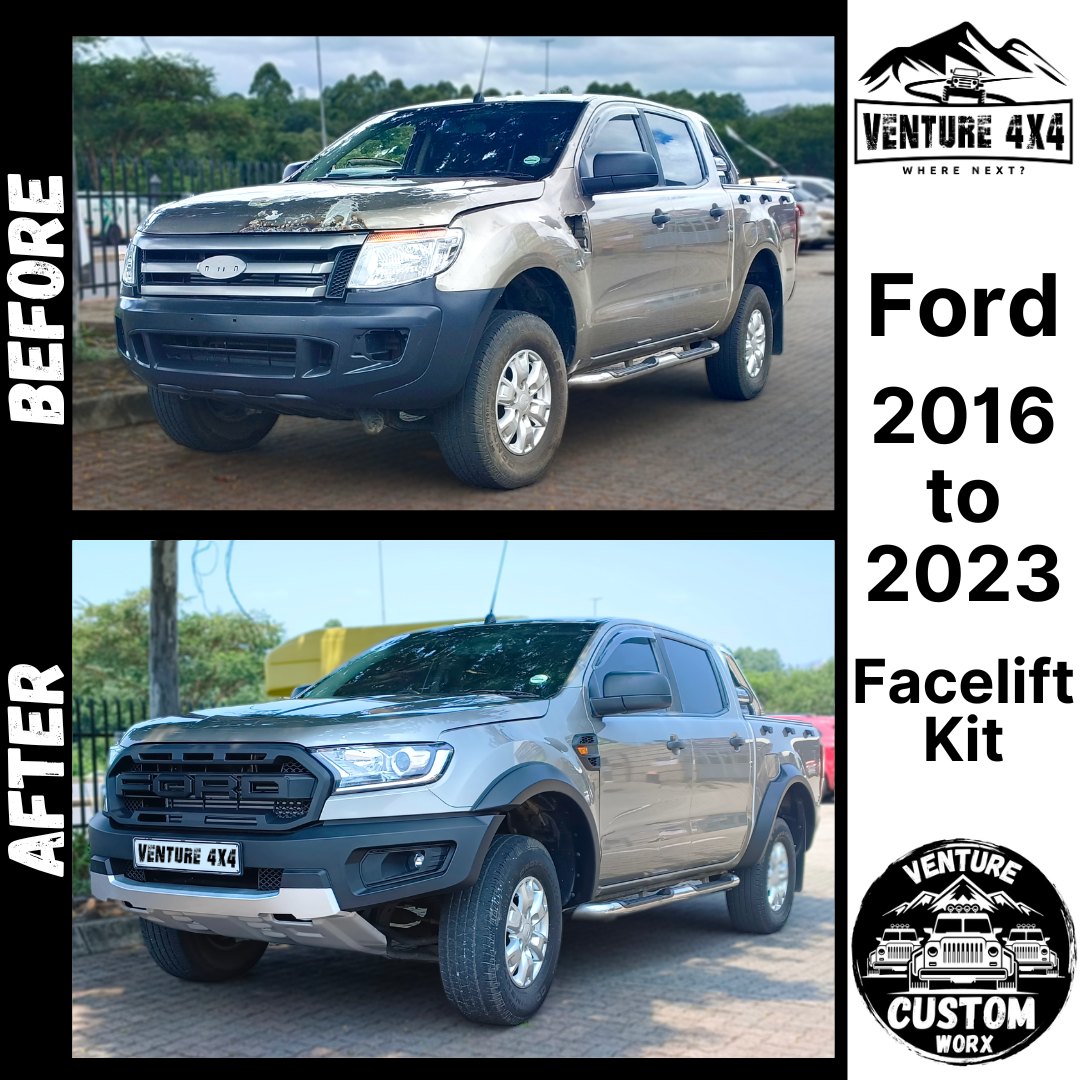 Ford Ranger 2016 double cab before and after facelift conversion to a 2023 Raptor-style FORD grille and bumper