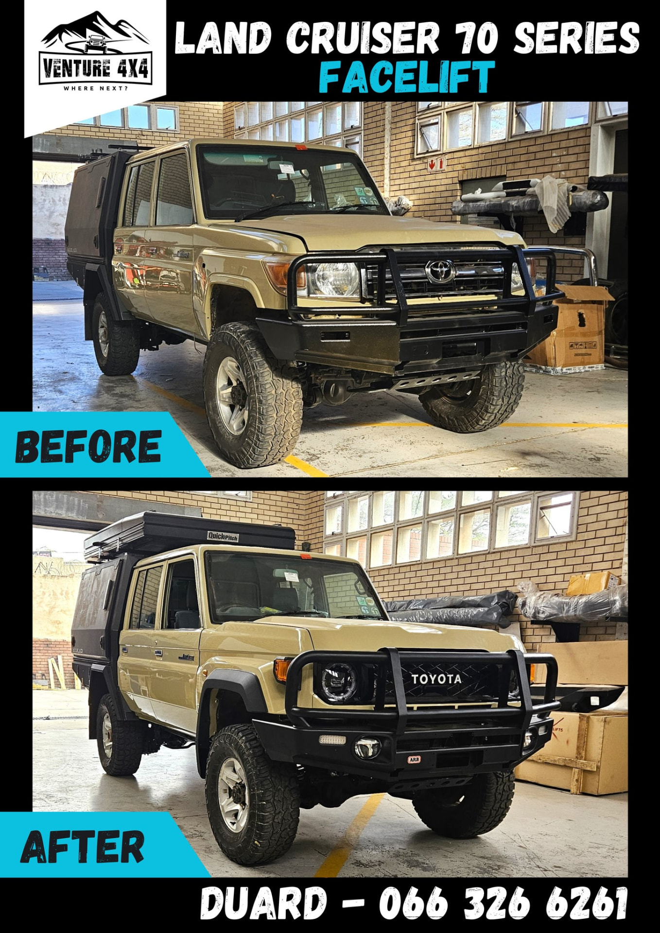 Toyota Land Cruiser 79 double cab before and after facelift conversion to LED round headlights and a TOYOTA grille face