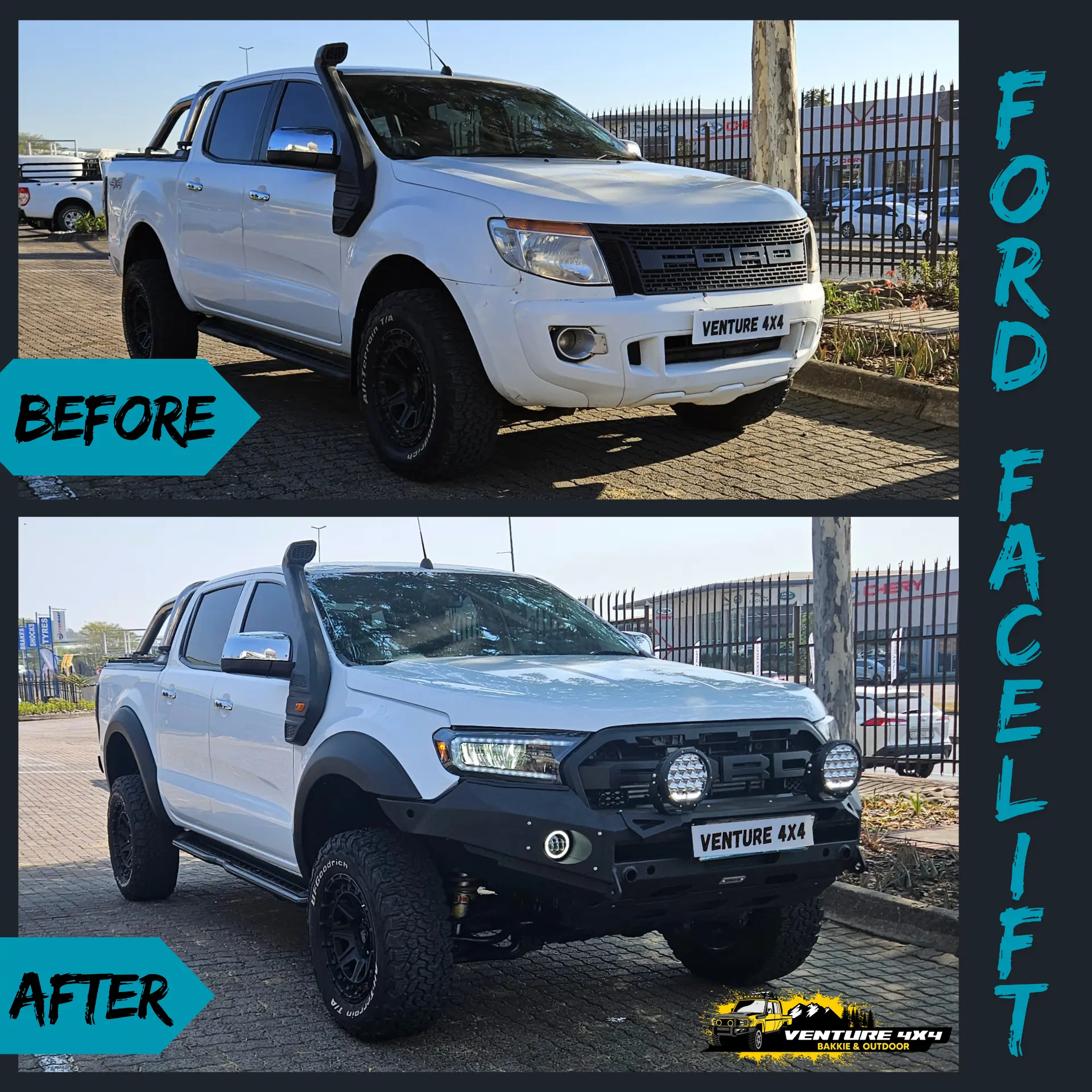 Ford Ranger T6 2013 before and after facelift conversion to a T7 front end with LED headlights and a black bumper