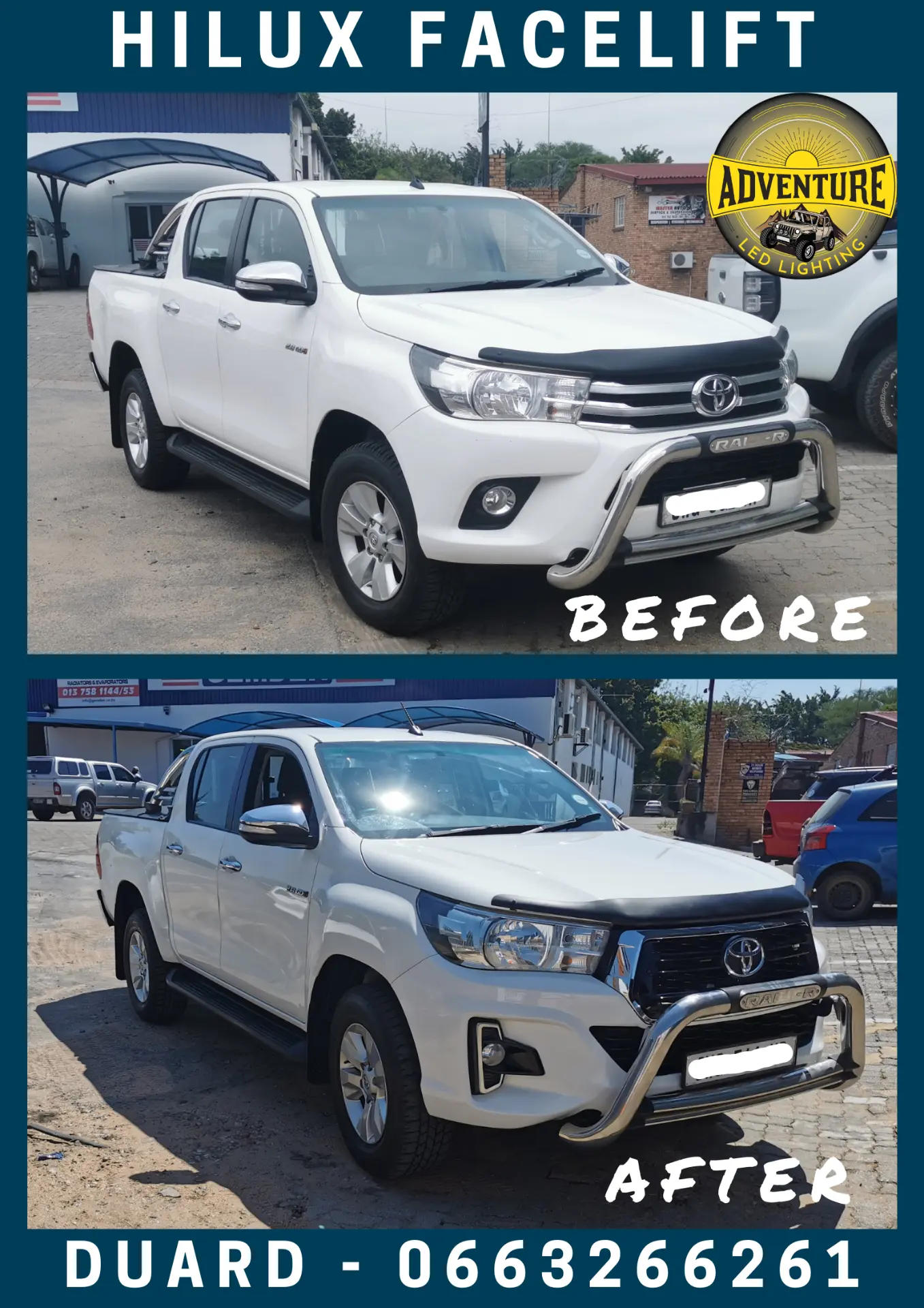 White Toyota Hilux Raider double cab before and after Hilux facelift conversion to the newer grille and headlights