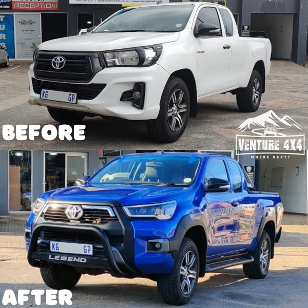Toyota Hilux Raider extra cab before and after conversion to the 2021 Legend front end, finished in blue