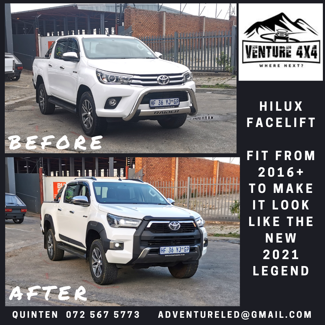 White Toyota Hilux Raider 2016 double cab before and after conversion to the 2021 Legend front end