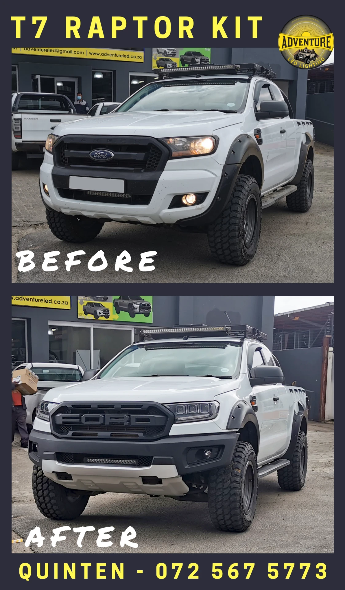 Ford Ranger 2016 extra cab before and after fitment of the T7 Raptor kit with Raptor grille, bumper and wheel arches