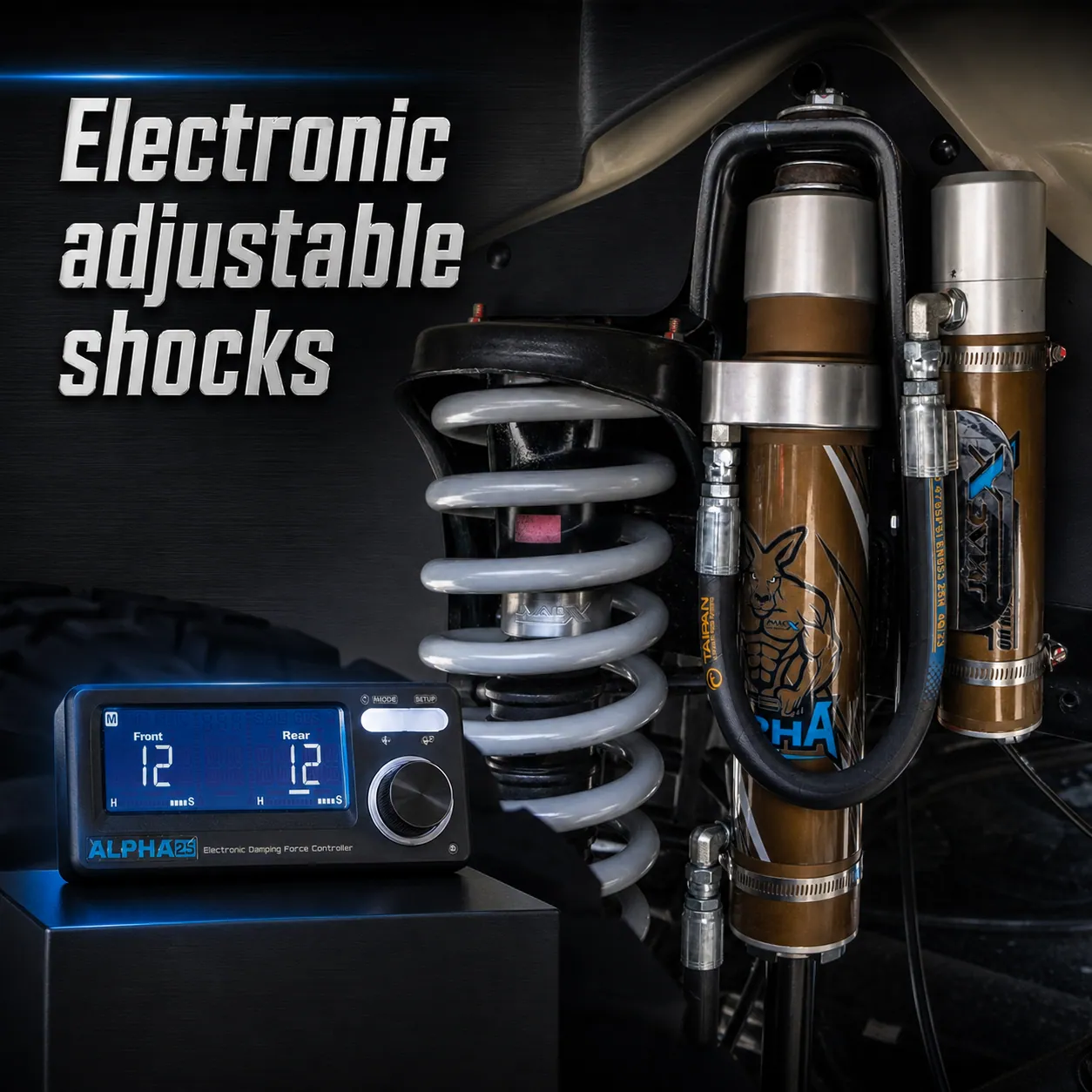JMACX Alpha electronic adjustable shock with remote reservoir and in-cab damping force controller