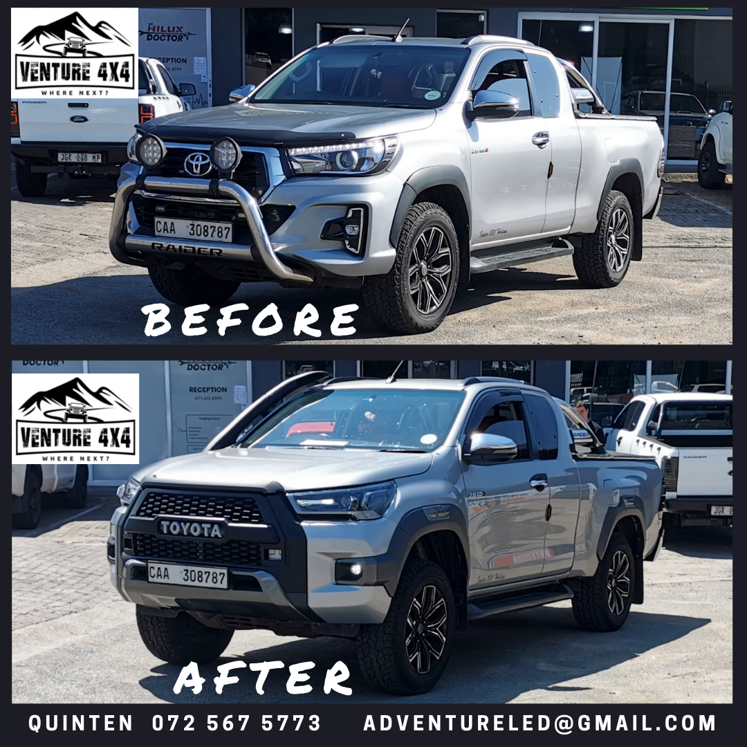 Silver Toyota Hilux Raider extra cab before and after conversion to a TOYOTA-lettered GR-style grille and front bumper