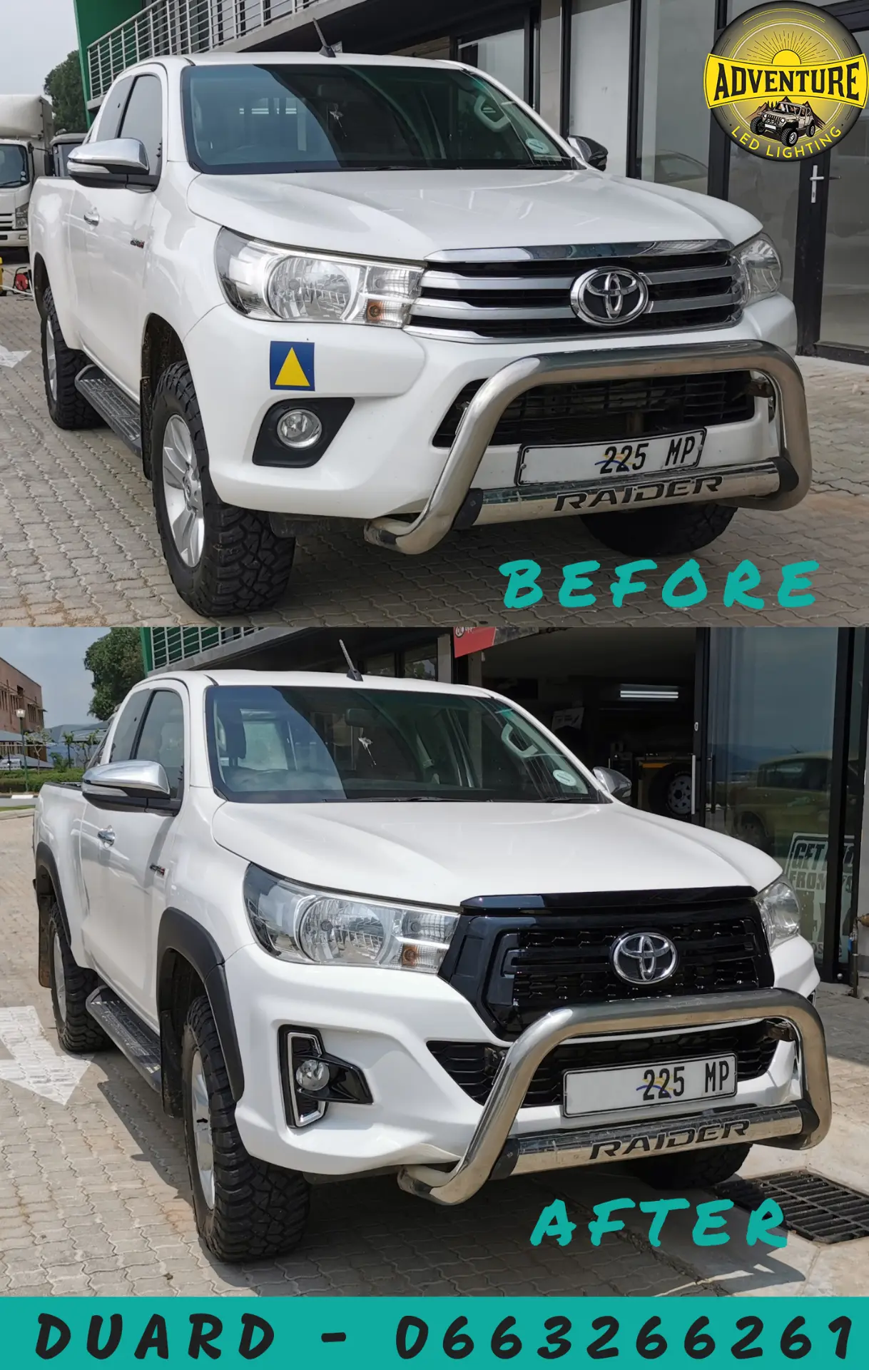 White Toyota Hilux Raider 2017 extra cab before and after conversion to a gloss black Toyota grille and updated front bumper