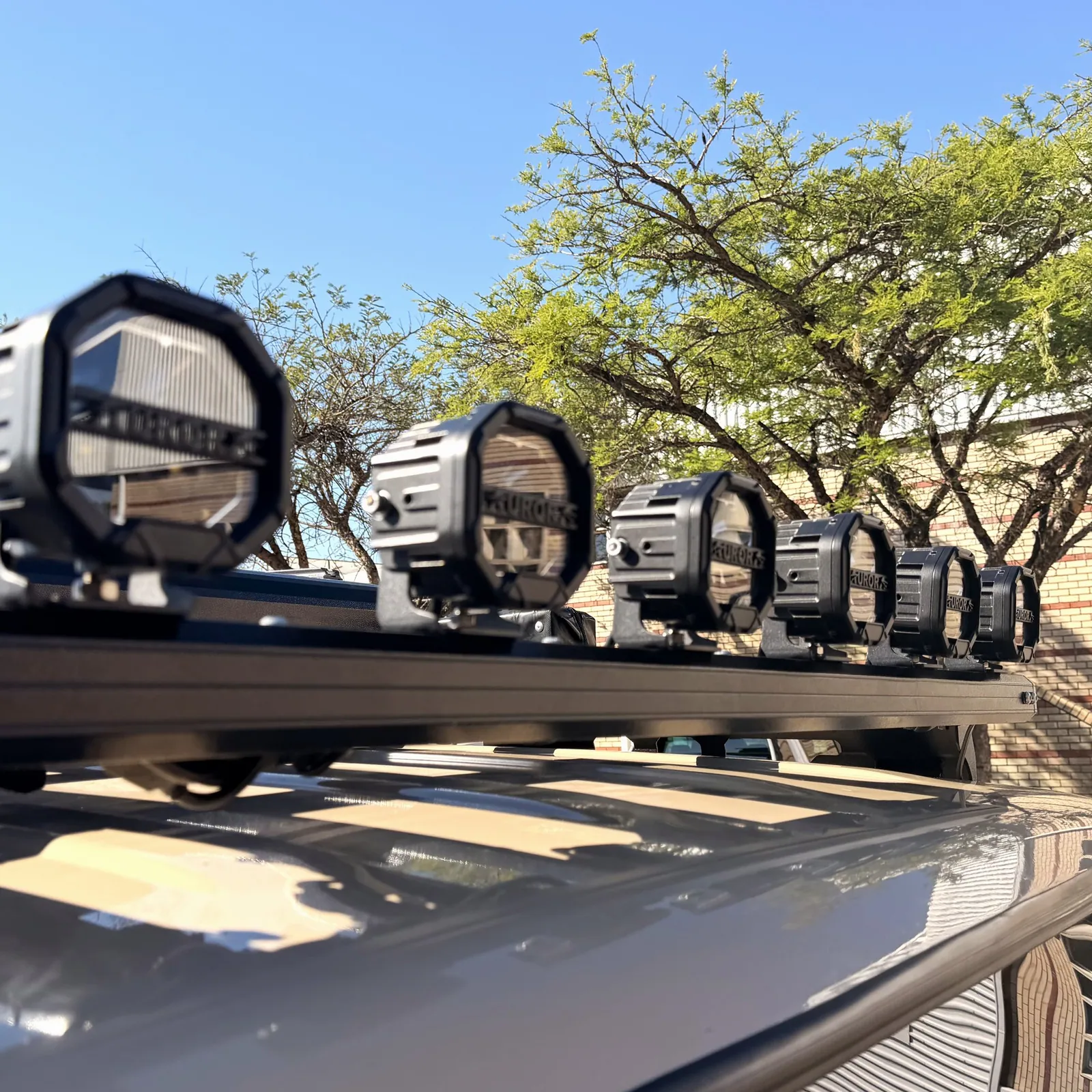 Strands spotlights on the Onca roof rack — Delta Cruiser — Alublack Tray & Canopy Touring 79, fitted by Venture 4x4 in Nelspruit