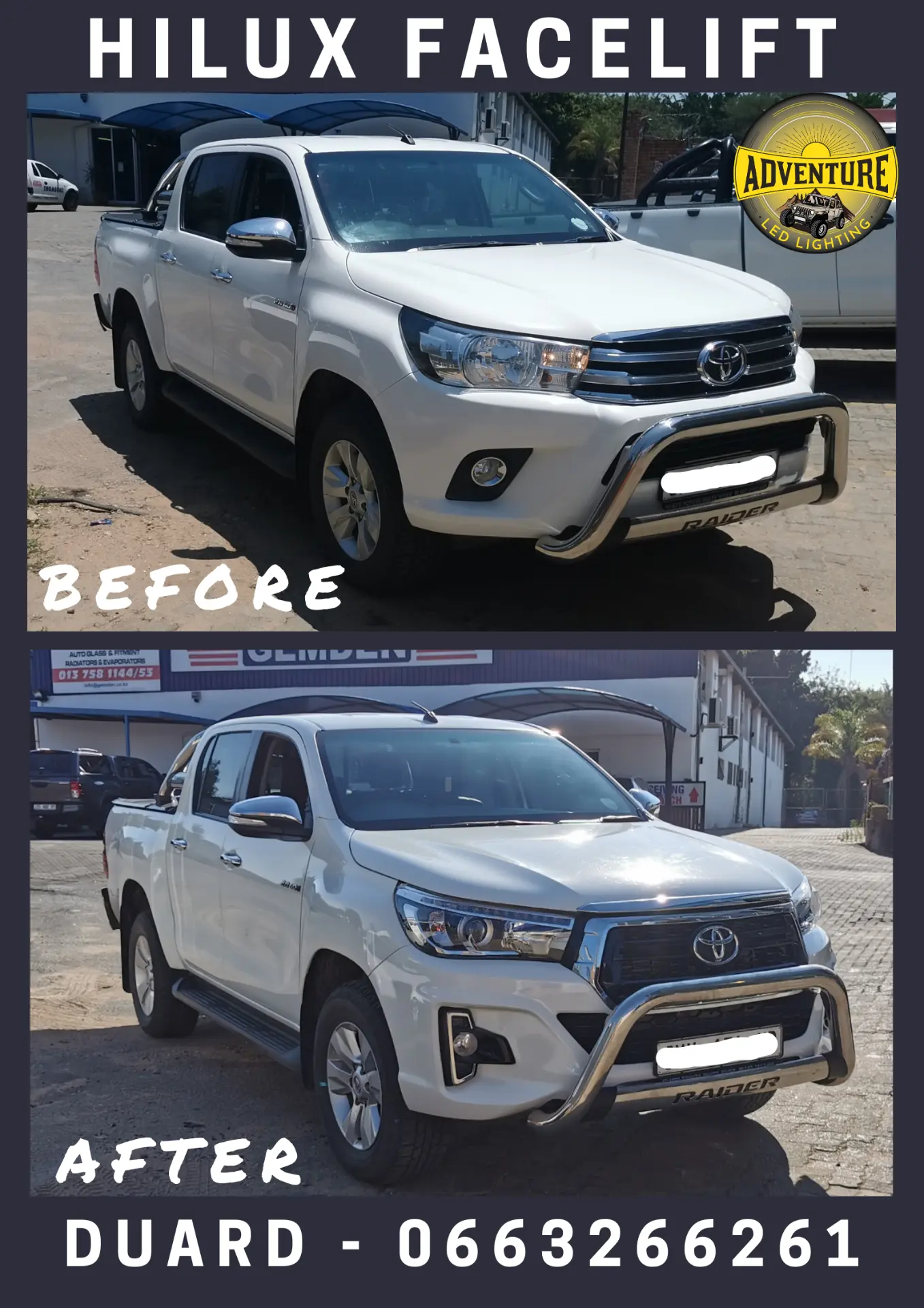 White Toyota Hilux Raider 2016 double cab before and after Hilux facelift conversion to the 2018 Raider grille and LED headlights