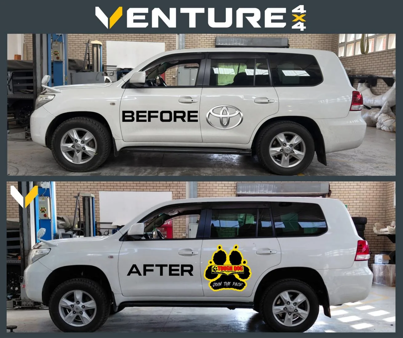Vehicle stance before and after suspension fitment